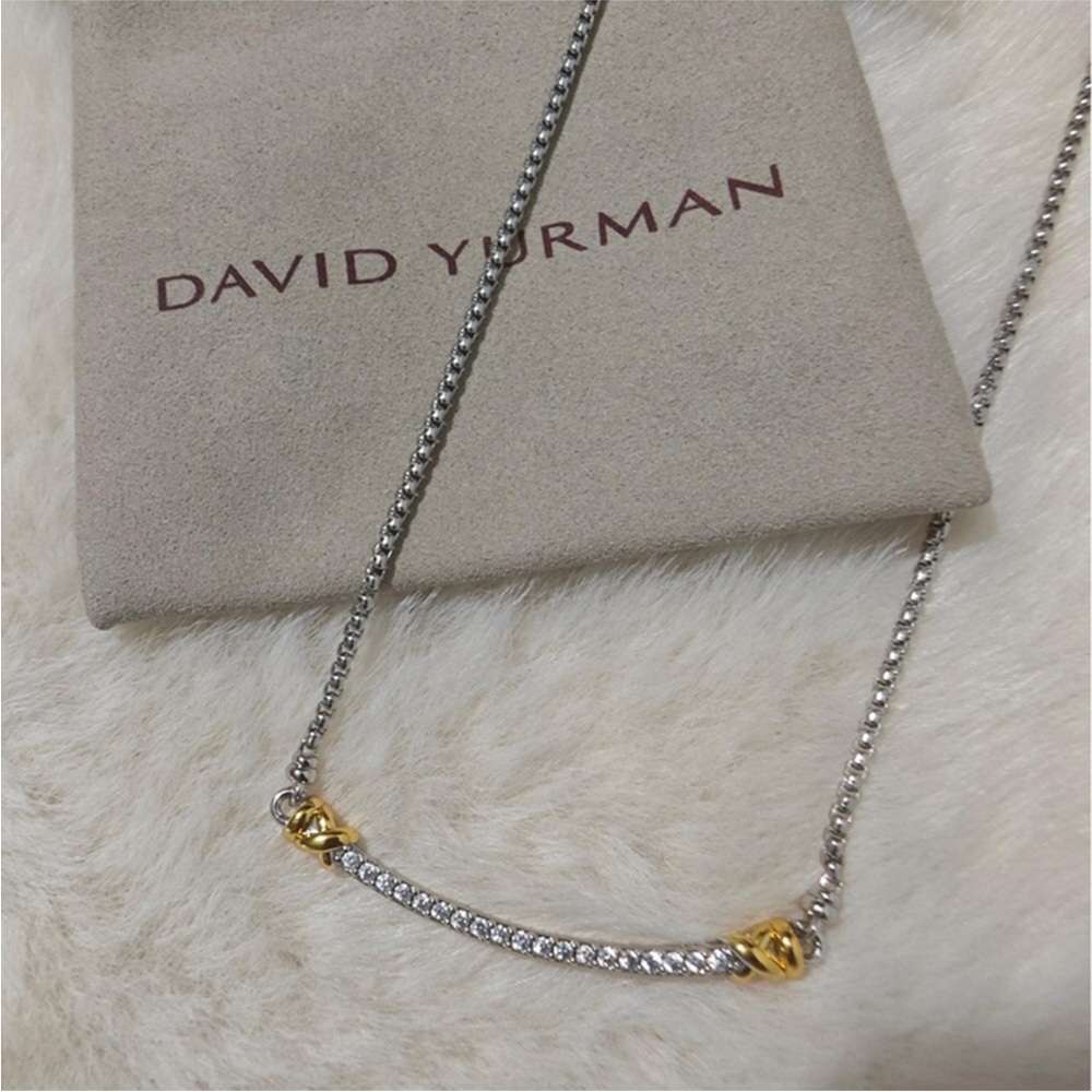 David Yurman Two-Tone Pave Cable Bar Necklace - Silver & Gold